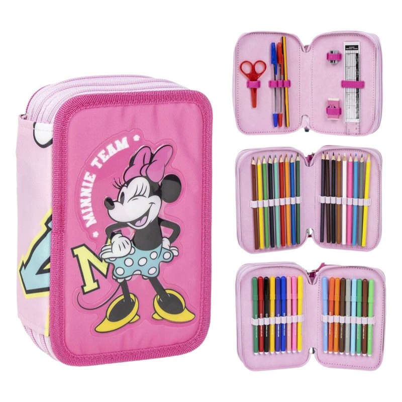 Dreifaches Federmäppchen Minnie Mouse Pink 12,5 x 6,5 x 19,5 cm